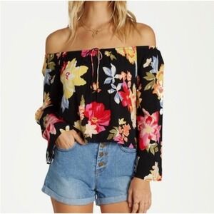 Billabong Womens Black Floral Off The Shoulder Bell Sleeve Boho Top Small Rayon